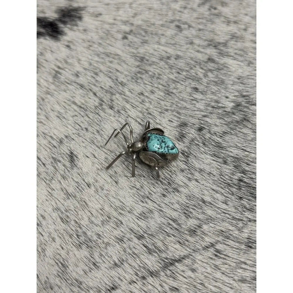 Native American Sterling Silver Turquoise Nugget Beetle Spider Bug Pin Brooch